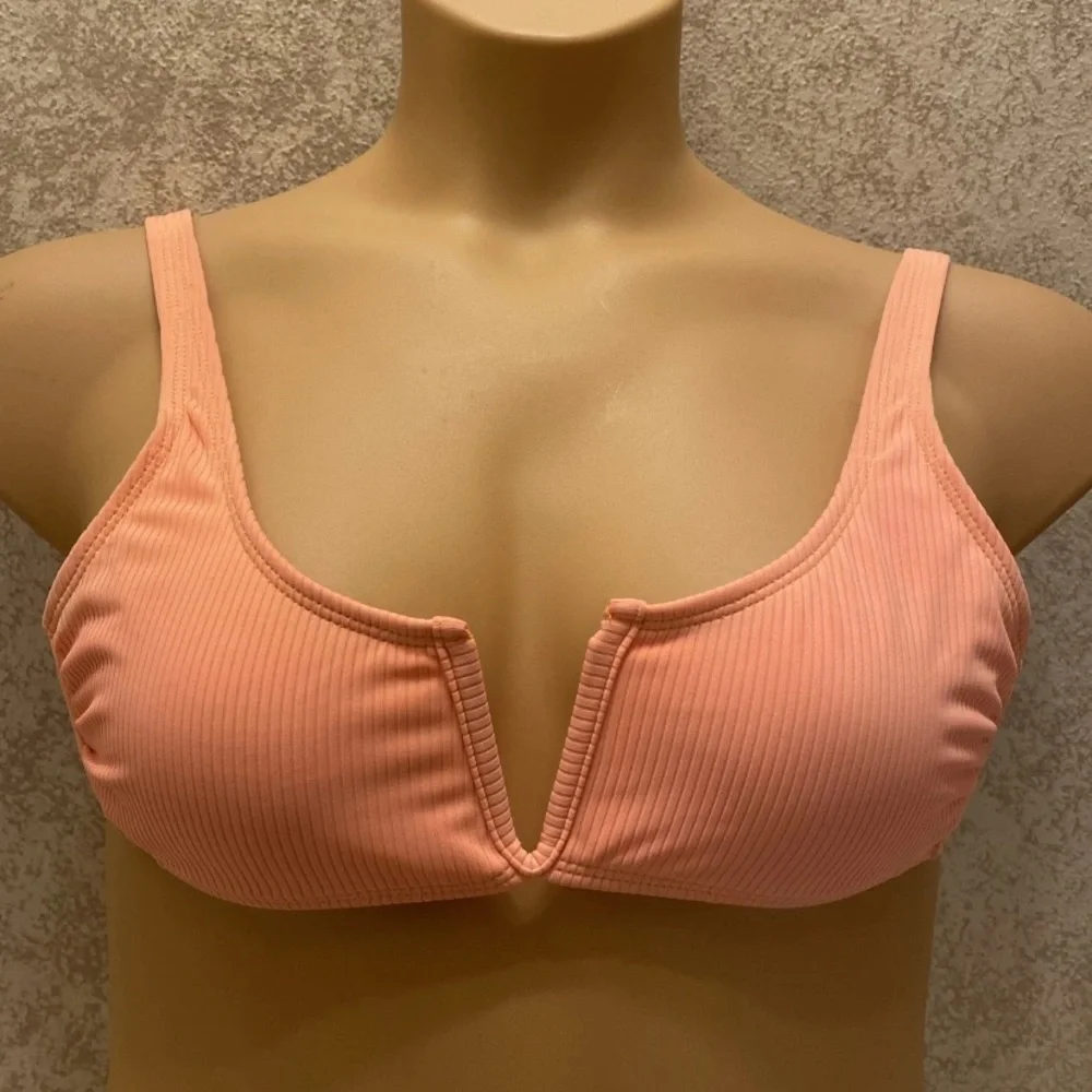 Peach Ribbed V-Center Bikini Top